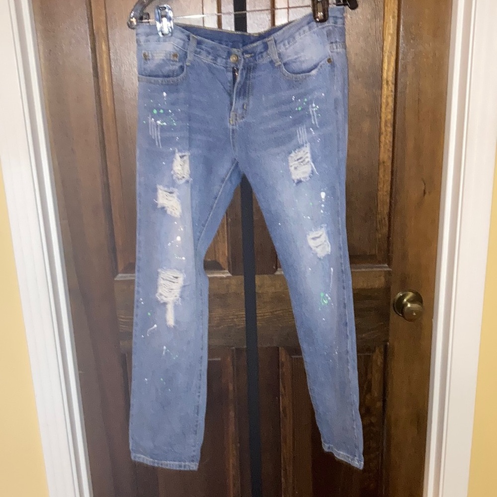 Sadie & Sage Blue Boyfriend Jeans with Distressing & Paint Splattered Design